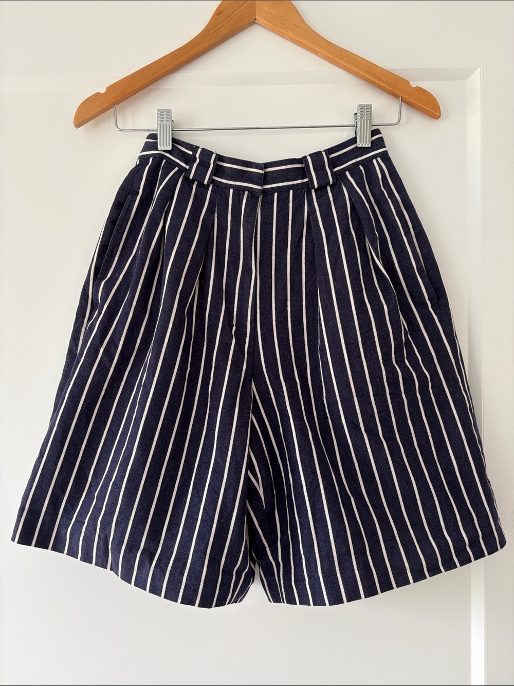 Vintage Anne Klein Navy and White High-Waist Striped Shorts